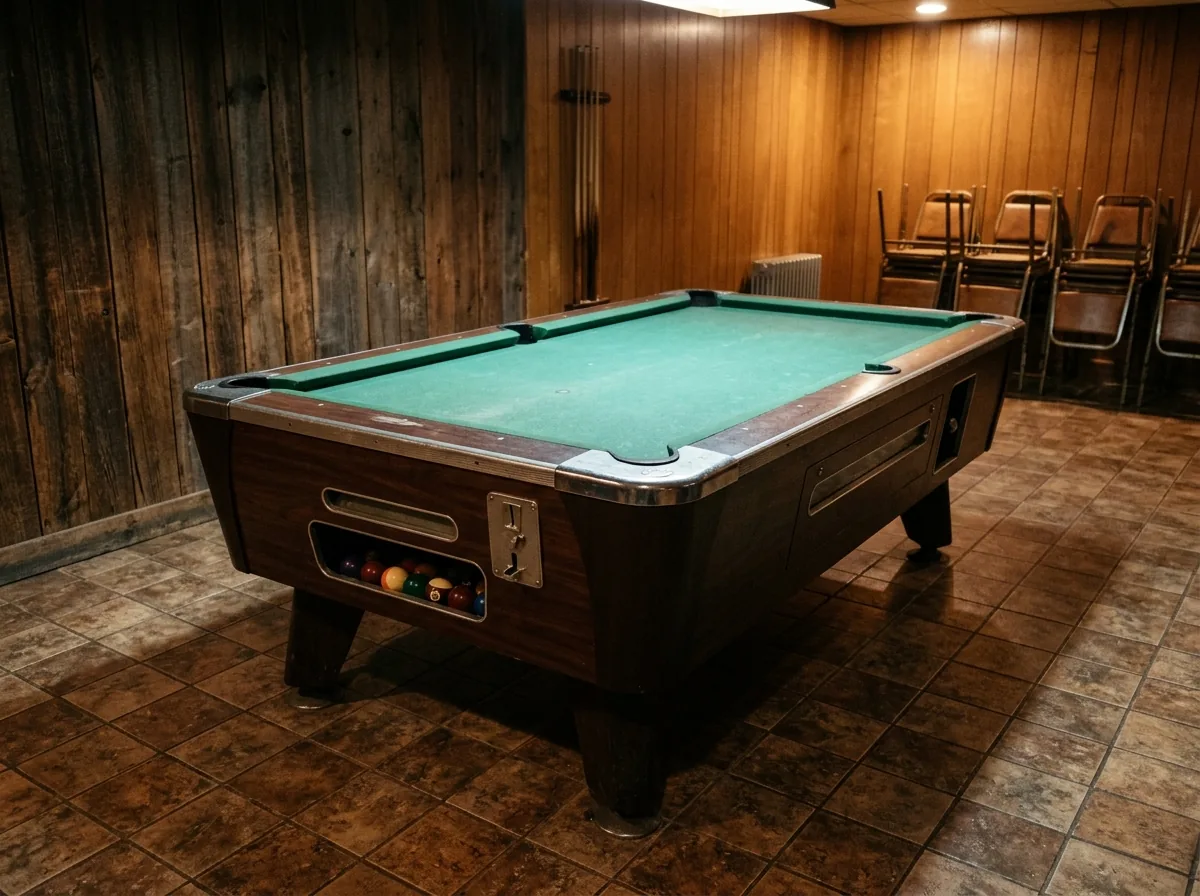 Coin-operated bar pool table with a ball return slot and coin mechanism on the end rail, set in an empty game room