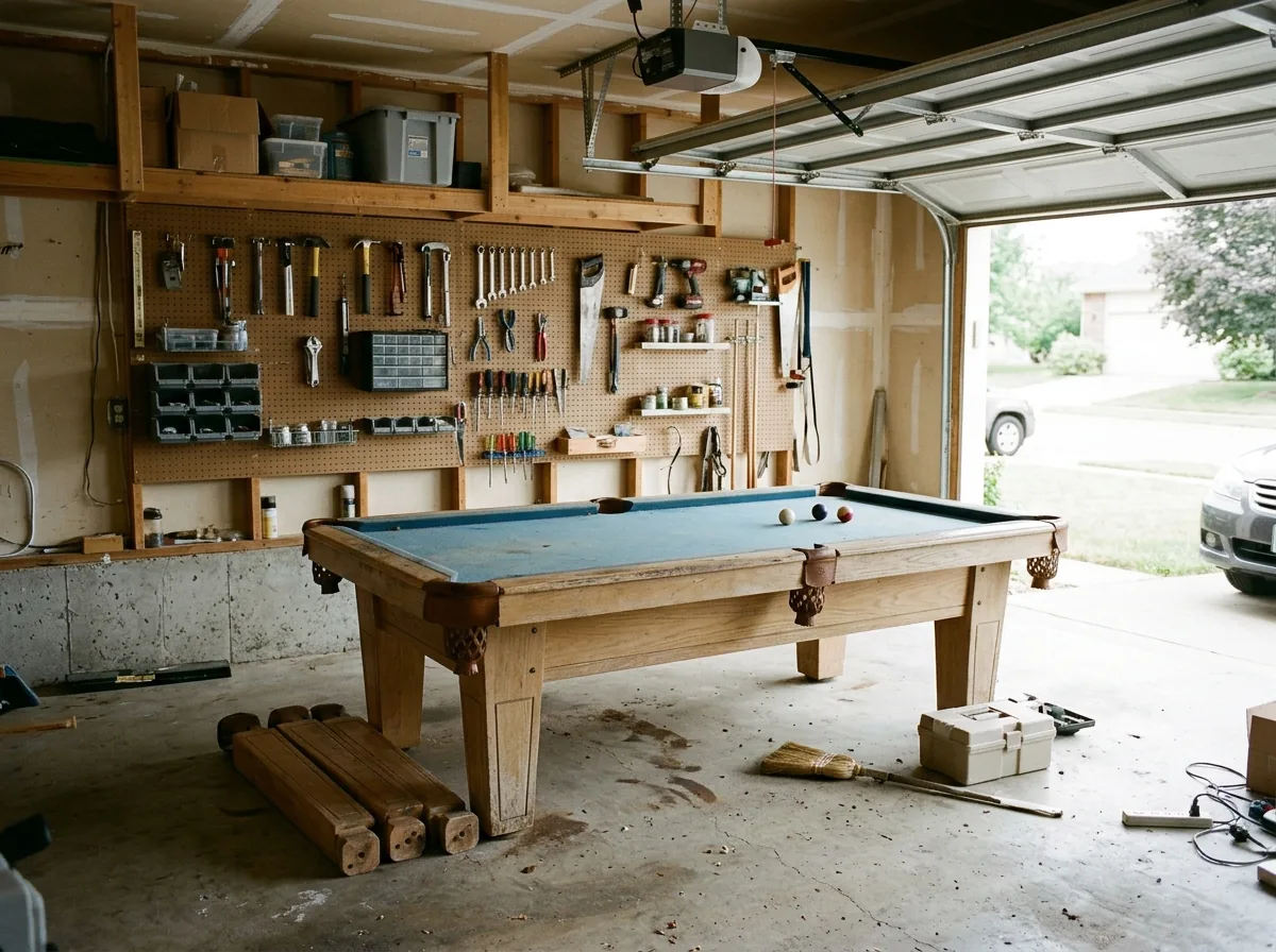 Lightweight wood pool table with a faded blue felt top in a garage, its legs already unbolted and stacked beside it