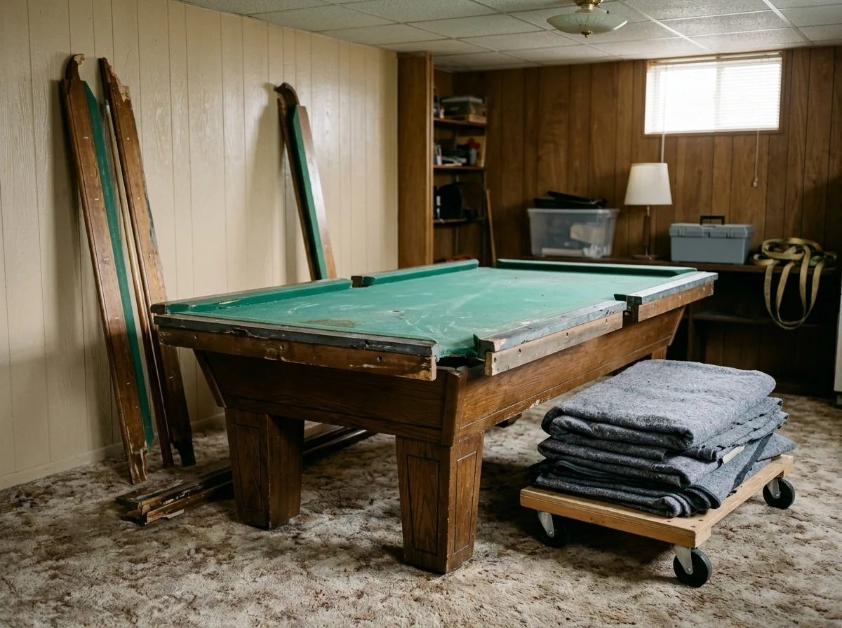 Dated three-piece slate pool table with worn green felt in a carpeted basement rec room, rails removed and leaning on the wall