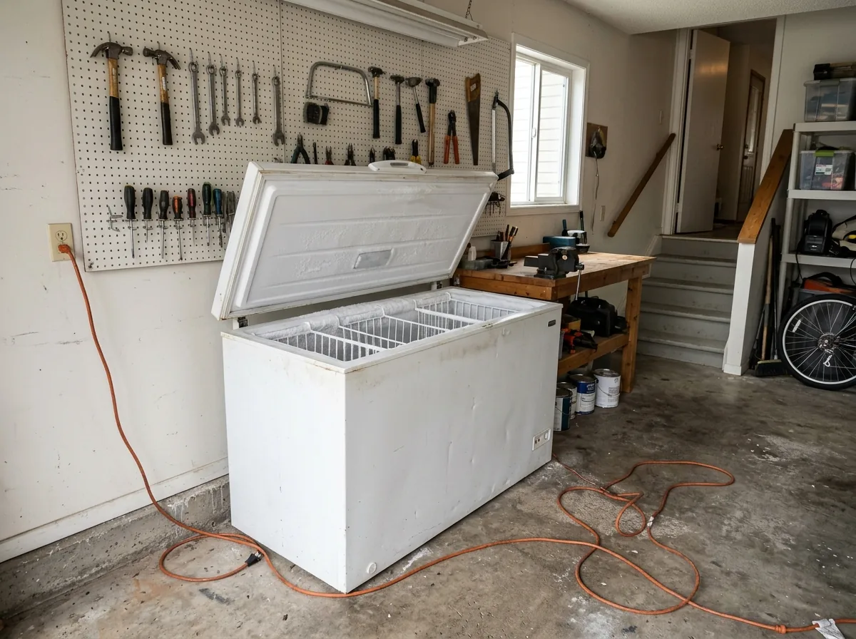 White chest freezer with its lid propped open in a garage, empty except for a few frost-covered baskets