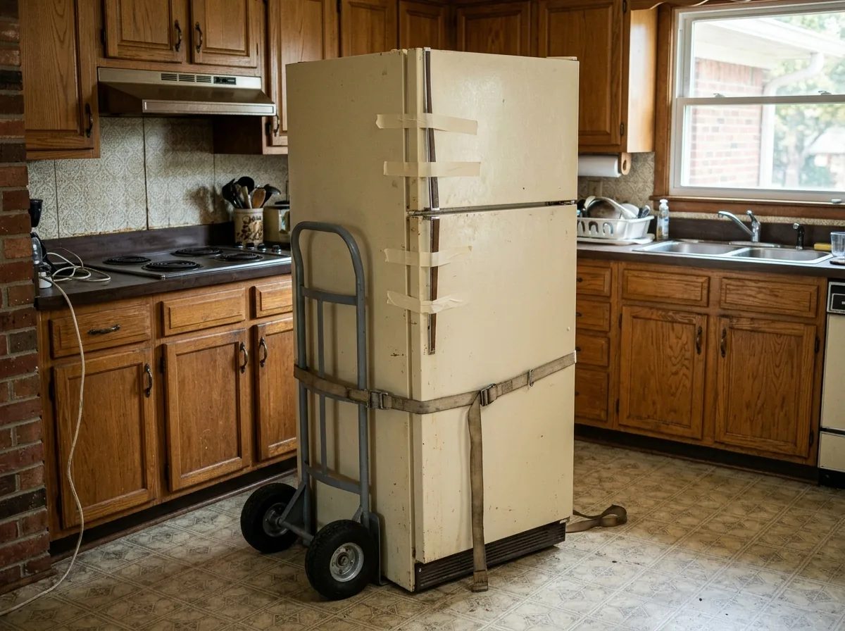 Old almond-colored side-by-side refrigerator strapped to an appliance dolly in a dated kitchen, its doors taped shut