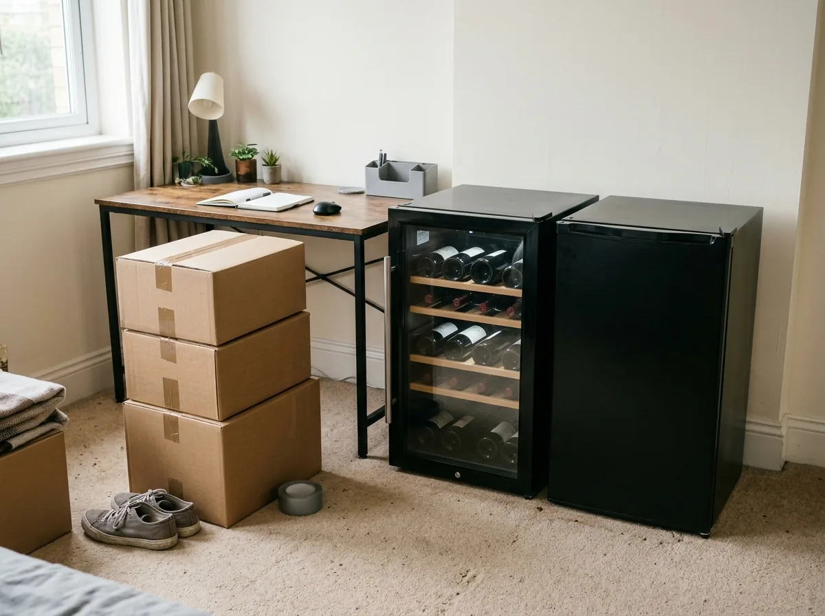 Small black mini fridge and a glass-door wine cooler side by side on a carpeted floor near a desk