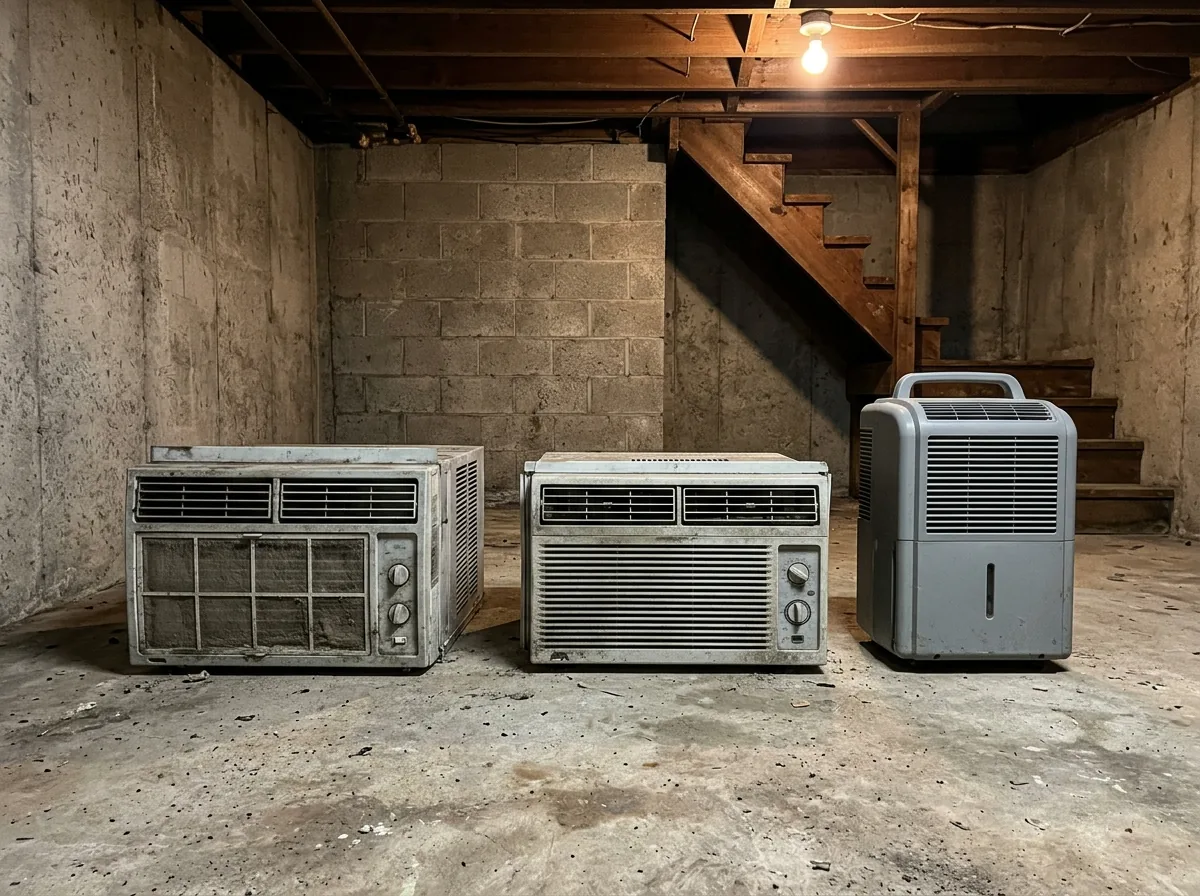 Two dusty window air conditioners and a portable dehumidifier lined up on a concrete basement floor
