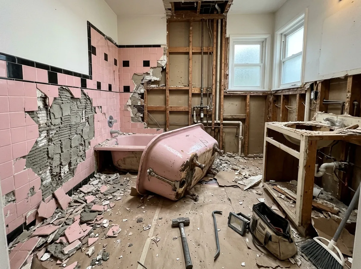 Bathroom being gutted, with an old pink cast-iron tub tipped on its side, broken tile, a torn-out vanity and drywall on the floor