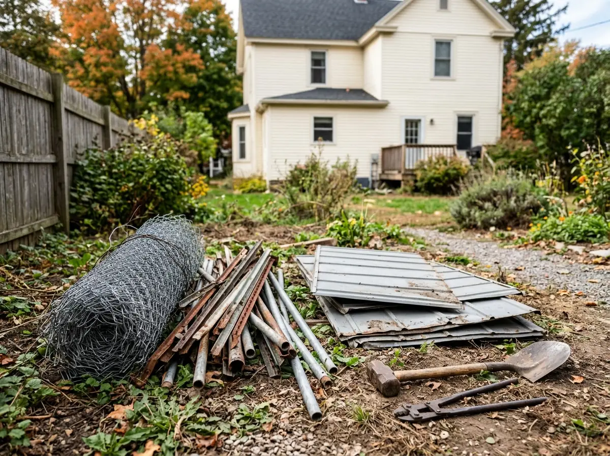 Rolled-up chain-link fence fabric and a pile of bent fence posts next to the flattened panels of a small metal storage shed