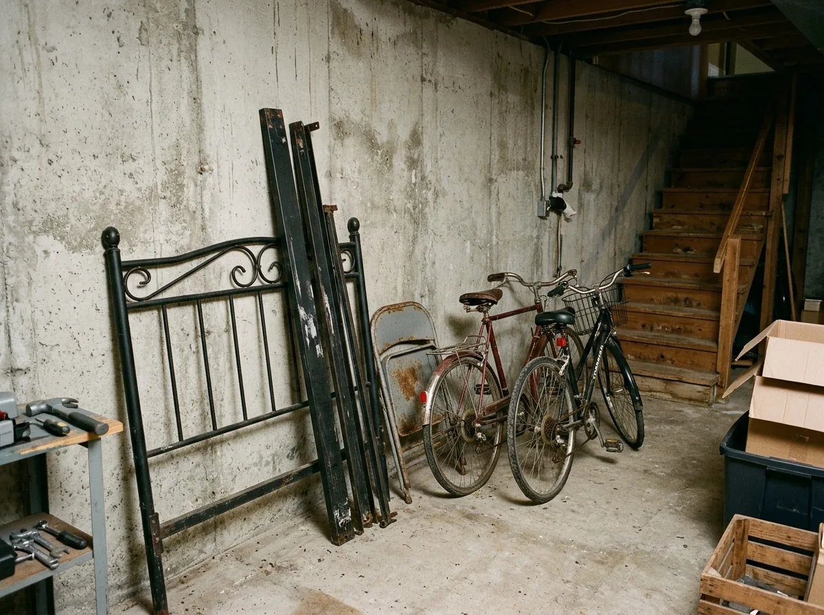 Metal bed rails and a headboard leaning against a basement wall beside two old bicycles and a folding metal chair