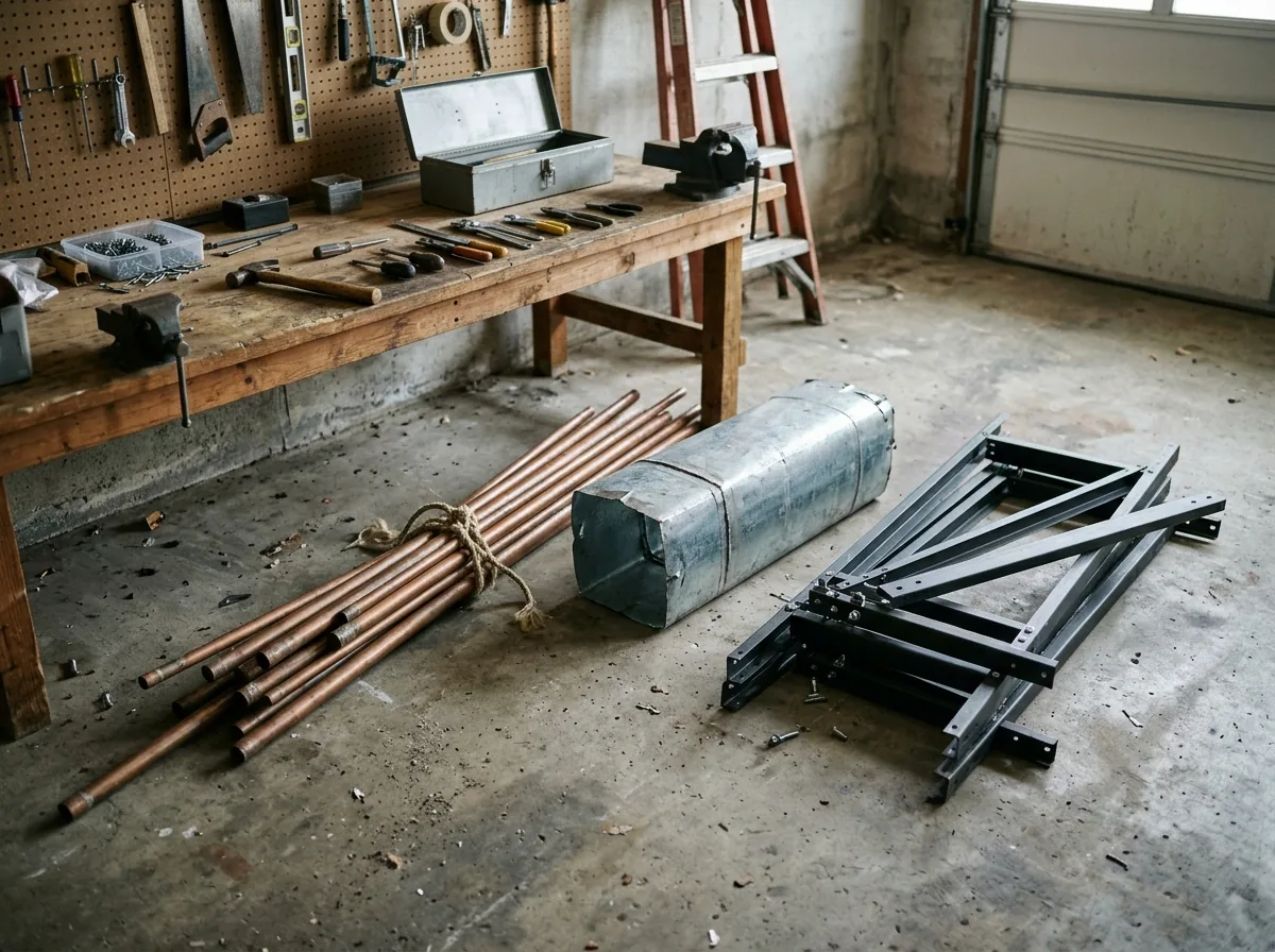 Bundle of old copper pipe, a section of galvanized ductwork and a disassembled steel shelving unit on a garage floor