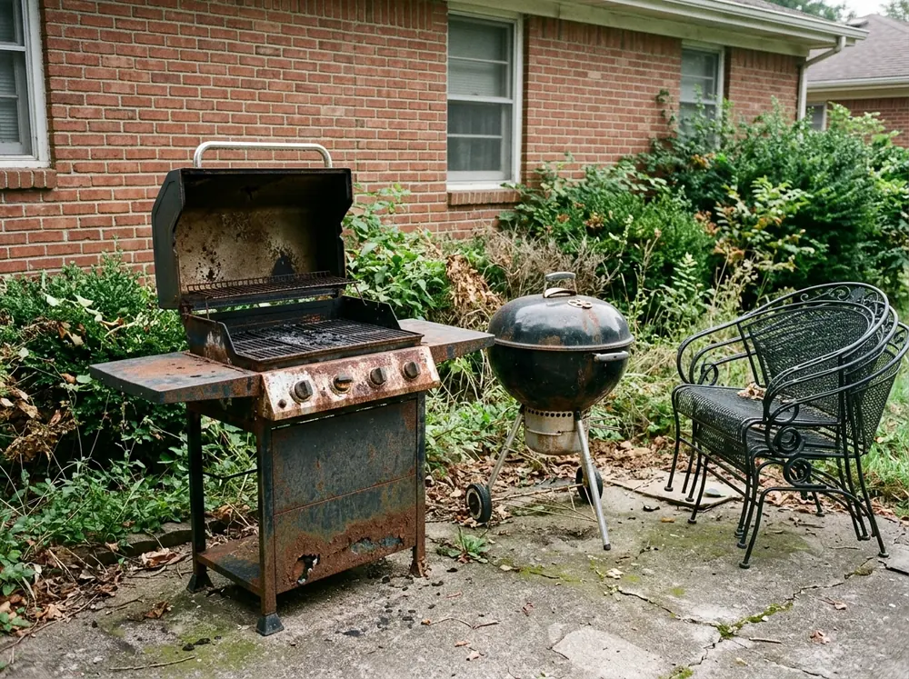 Rusted gas grill with its lid hanging open, a charcoal kettle grill and a stack of wrought-iron patio chairs on a concrete patio