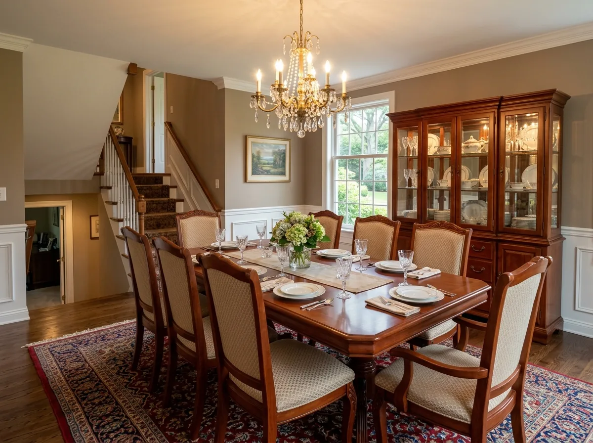 Formal dining room with a large cherry dining table, eight chairs and a lighted china cabinet in a split-level house