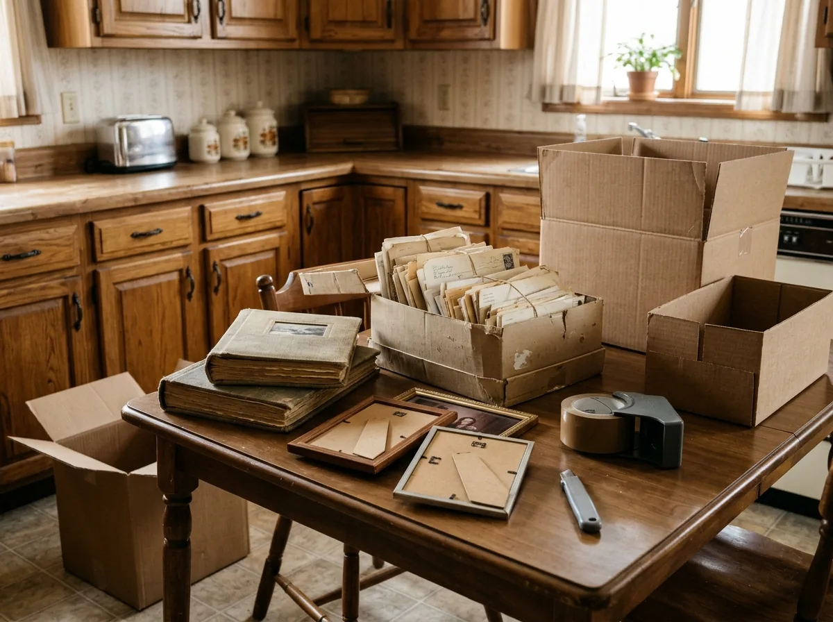 Photo albums, a shoebox of letters and framed pictures on a kitchen table beside a roll of tape and labeled boxes