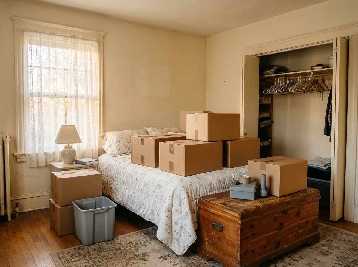 Bedroom in an older brick ranch house with labeled moving boxes on the bed, a cedar chest and a half-emptied closet
