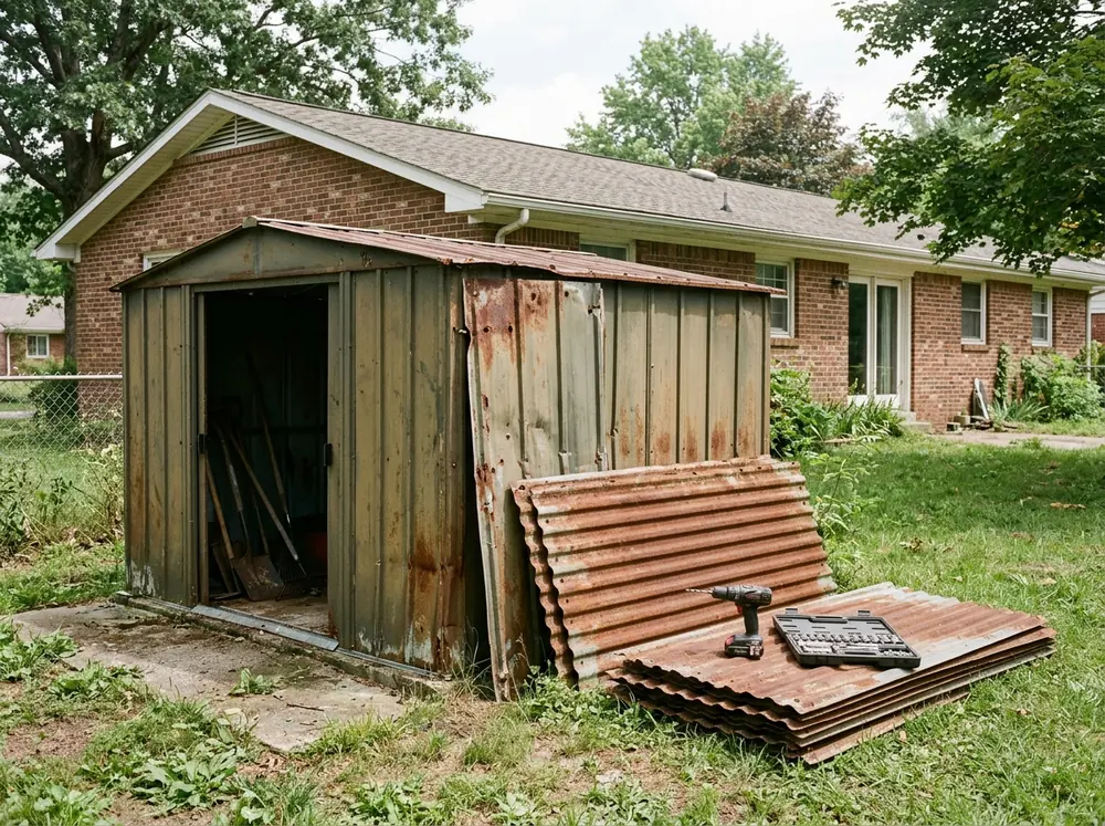 Rusted metal storage shed with dented corrugated wall panels partly unbolted and stacked on the grass