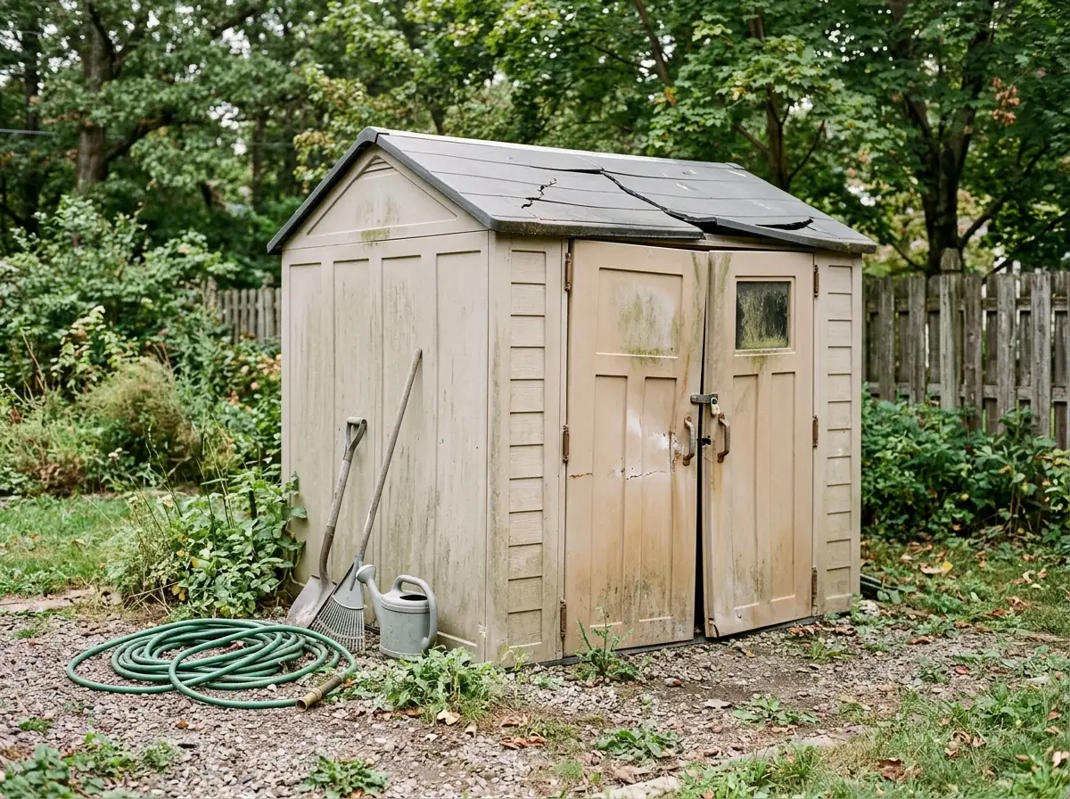Faded tan resin storage shed with a cracked roof panel and a warped double door on a gravel pad