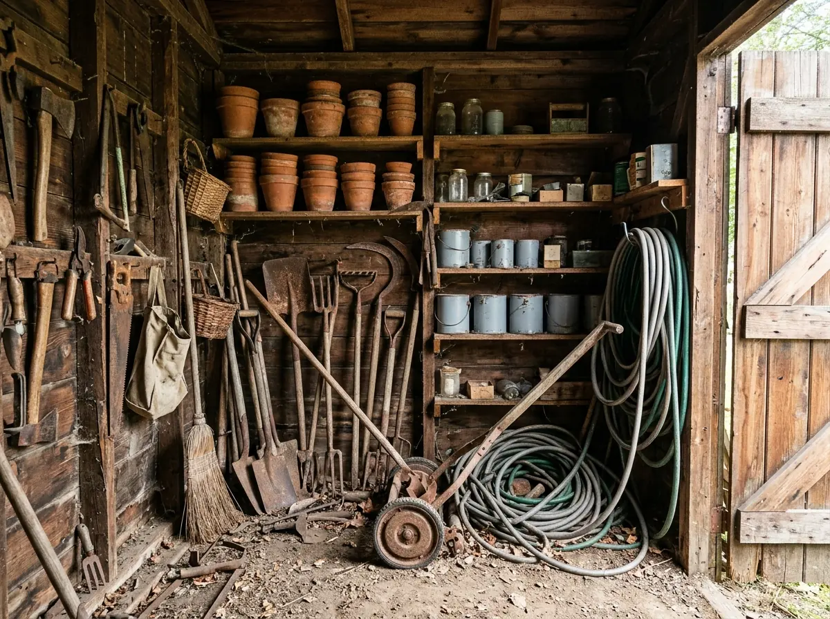 Inside of a cluttered shed with old garden tools, flower pots, a push mower and stacked paint cans on shelves