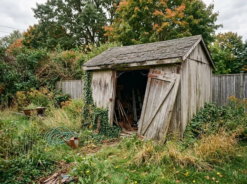 Weathered wooden garden shed with a sagging shingle roof and a door hanging off one hinge at the back of a yard
