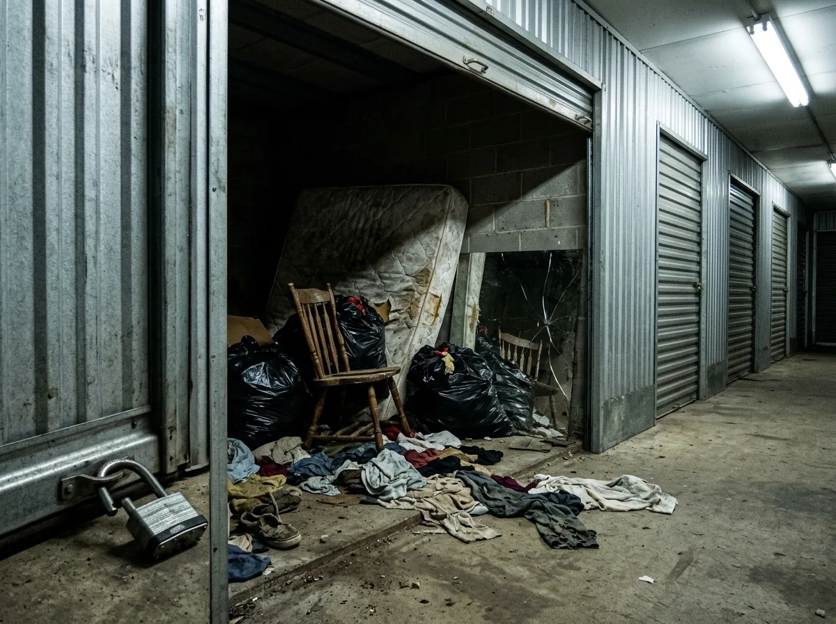Storage unit with a cut padlock on the floor, a torn mattress, black trash bags and broken furniture left inside