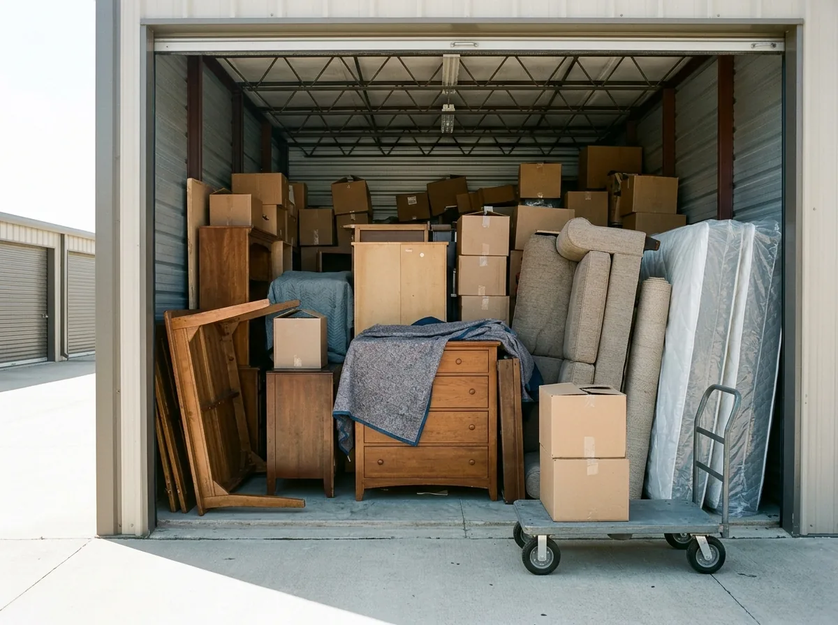 Large storage unit packed with a sofa, mattresses, a dining table on end, dressers and stacked boxes reaching toward the ceiling