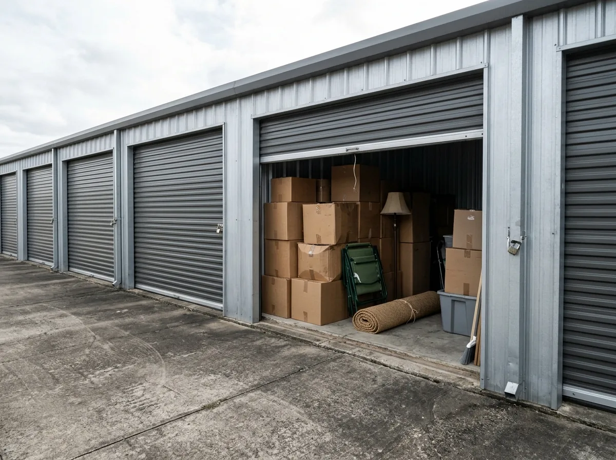Small storage unit with its roll-up door open, showing stacked moving boxes, a folded lawn chair and a lamp on the concrete floor