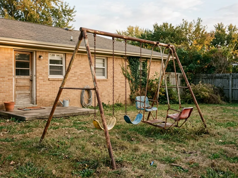 Rusted metal A-frame swing set with faded plastic seats and a tilted glider on patchy grass