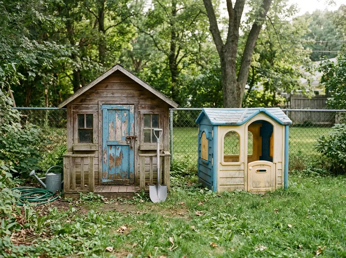 Small wooden backyard playhouse with a peeling painted door and a molded plastic playhouse beside it