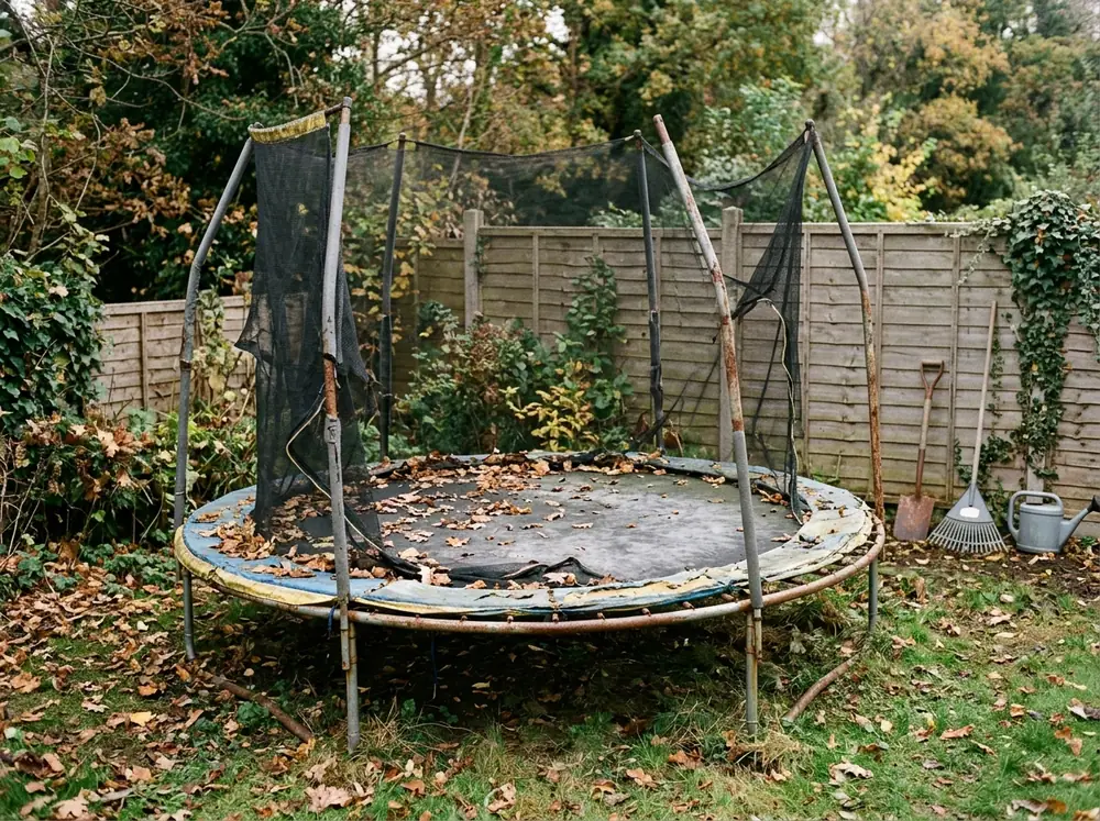 Old round trampoline with a sun-faded mat, torn safety net and bent enclosure poles in a fenced backyard