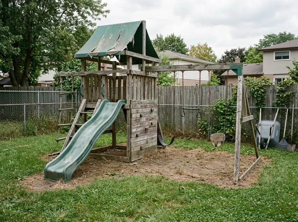 Large weathered wooden playset with a fort deck, green plastic slide and swing beam in a backyard, the canvas roof torn