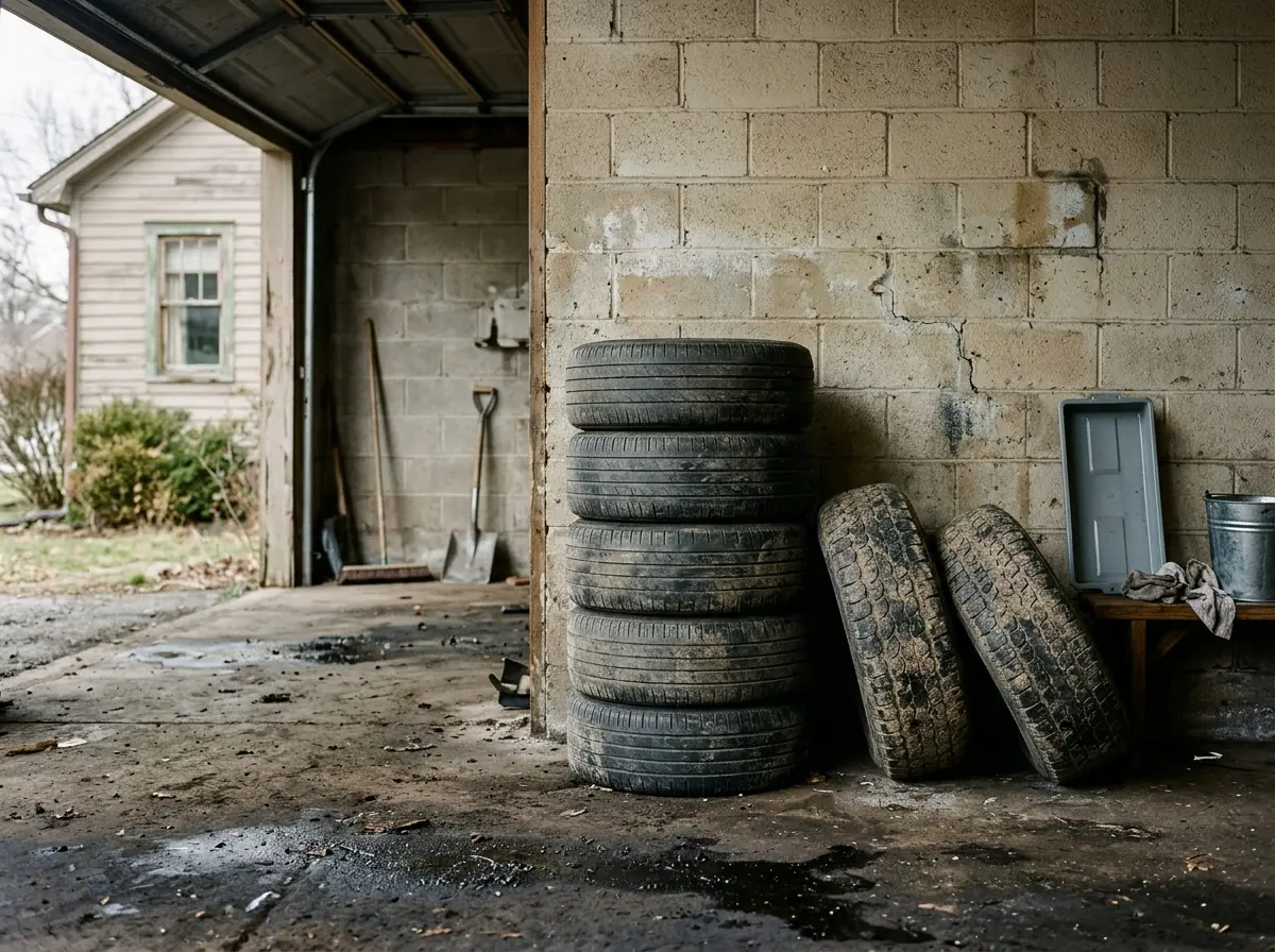Stack of worn car tires against the cinder-block wall of a garage, a few light-truck tires leaning beside them