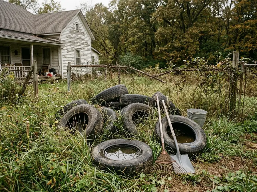 Weathered pile of old tires half hidden in tall grass at the edge of a wooded backyard, some holding rainwater