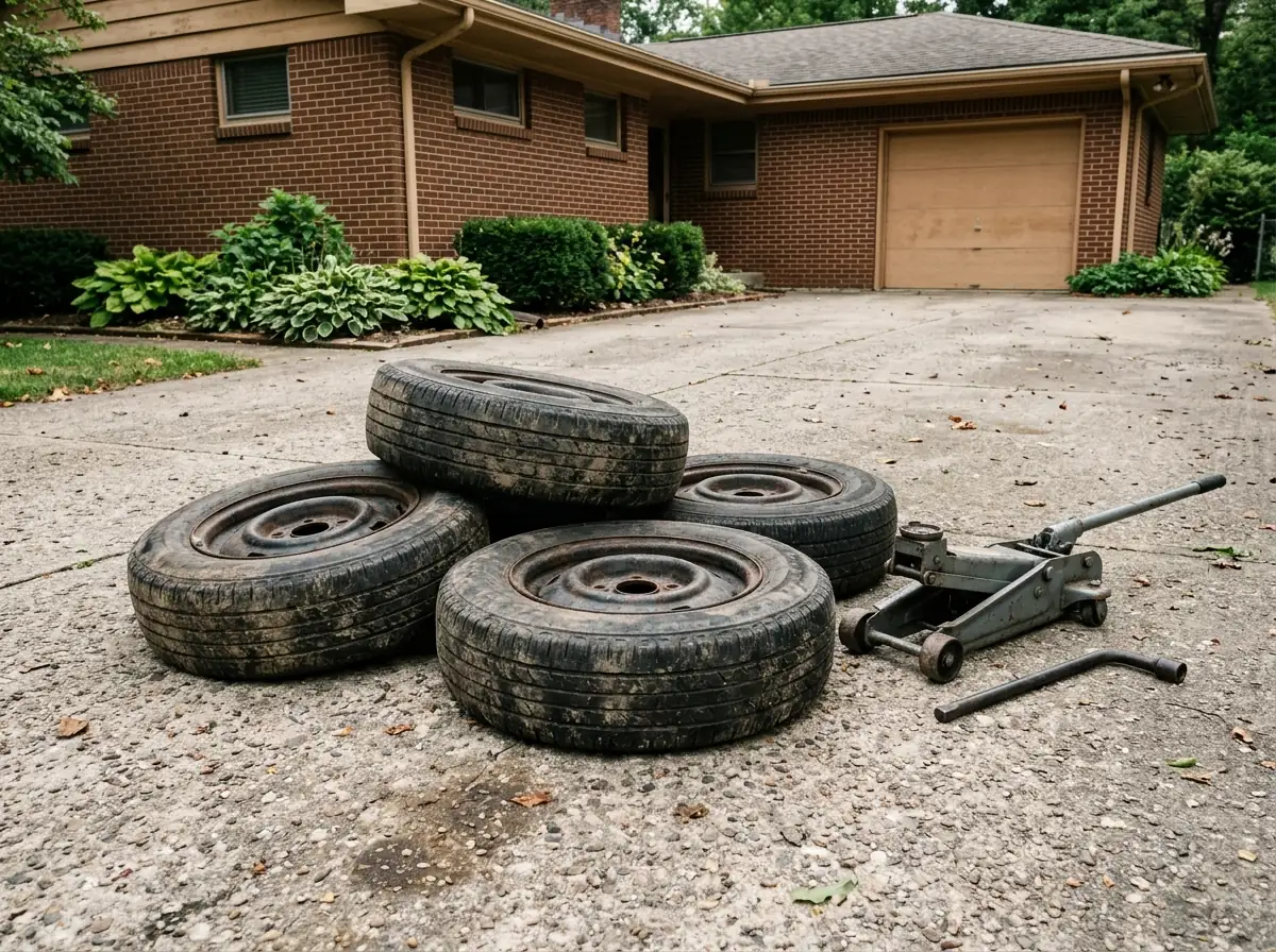 Four steel wheels with old tires still mounted, lying flat on a driveway beside a jack