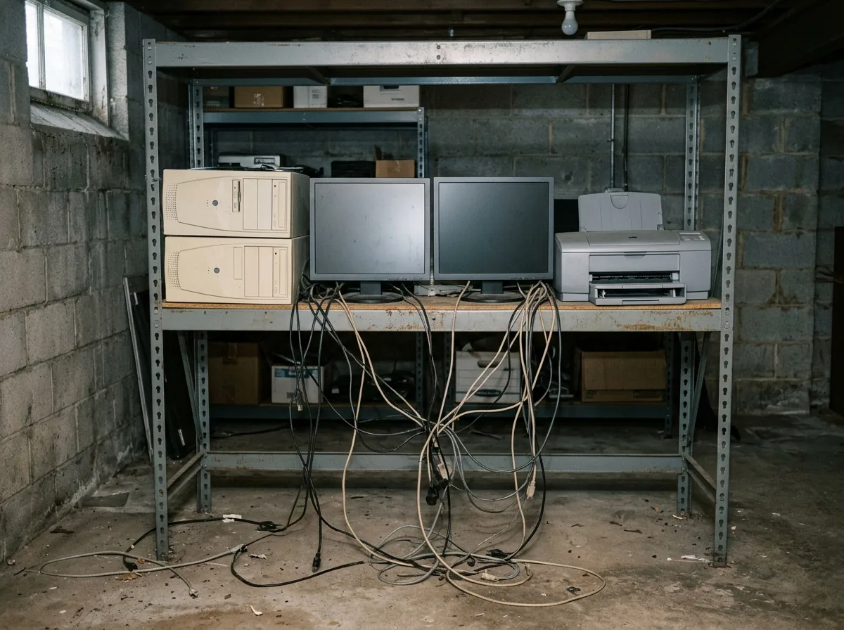 Beige desktop computer towers, two flat monitors and an inkjet printer stacked on a basement shelf with tangled cables