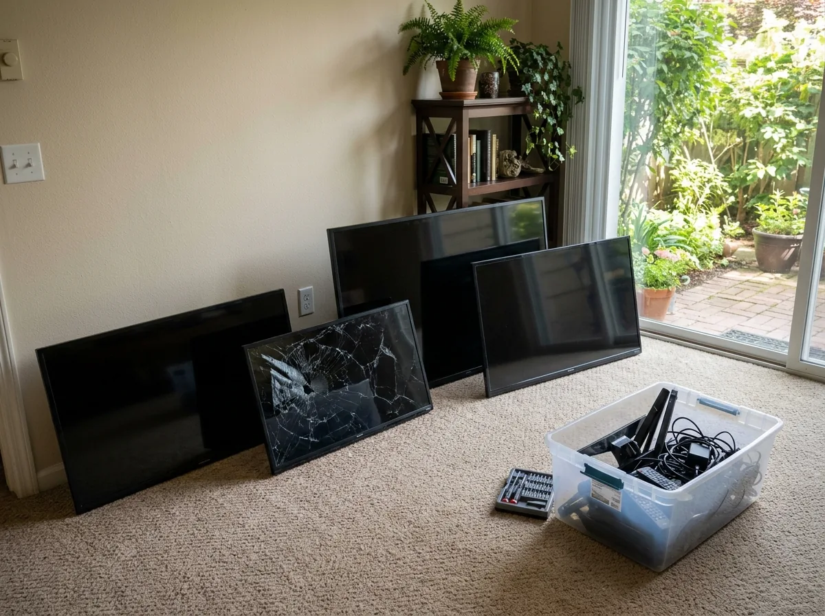Several flat-screen TVs of different sizes leaning against a living room wall, one with a shattered screen, their stands and remotes in a bin