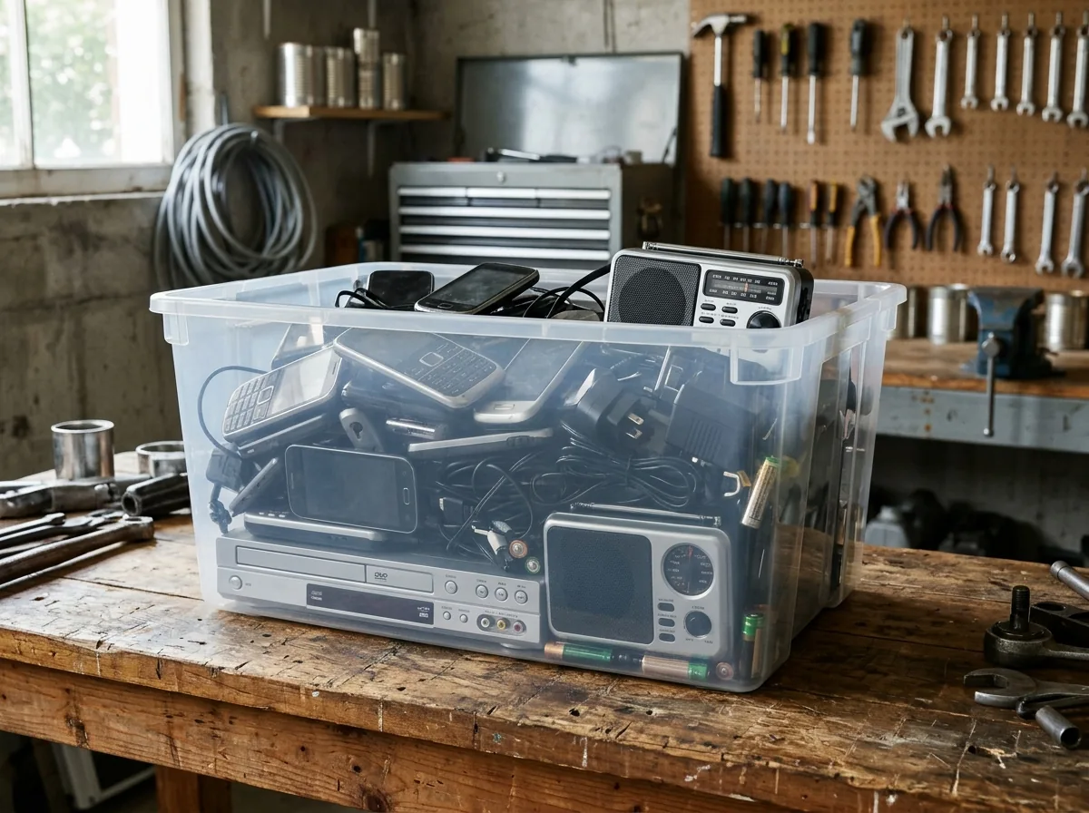 Plastic bin filled with old cell phones, a DVD player, a radio, chargers and loose rechargeable batteries