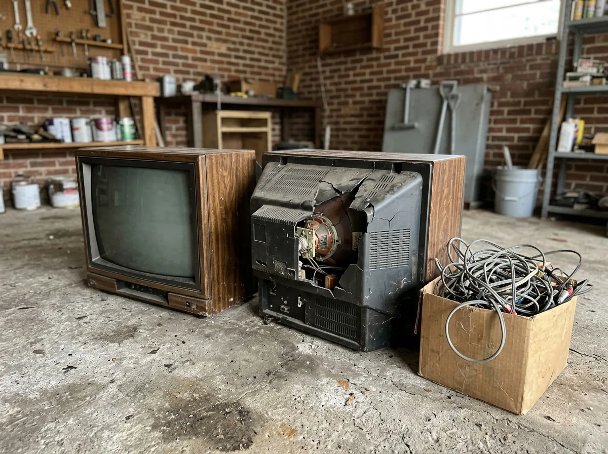 Two old tube televisions with wood-grain cases on a garage floor, one with a cracked back panel, next to a box of cables