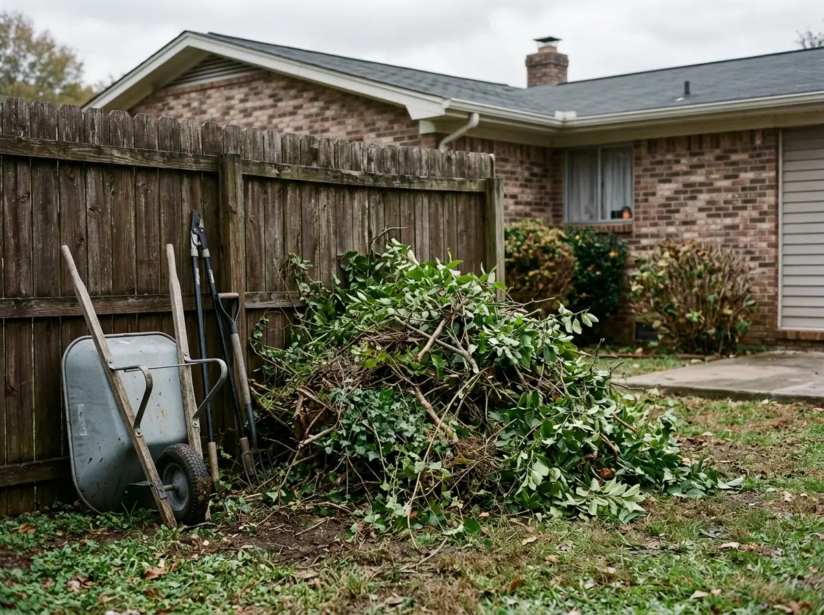 Waist-high pile of cut branches and shrub trimmings beside a wooden privacy fence in a backyard