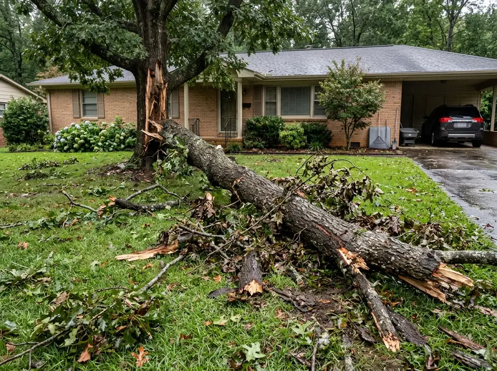 Large broken oak limb lying across a lawn with smaller branches scattered around it near a brick ranch house