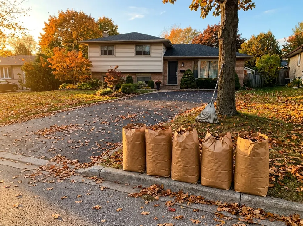 Row of brown paper leaf bags lined up at the curb in front of a split-level house in autumn