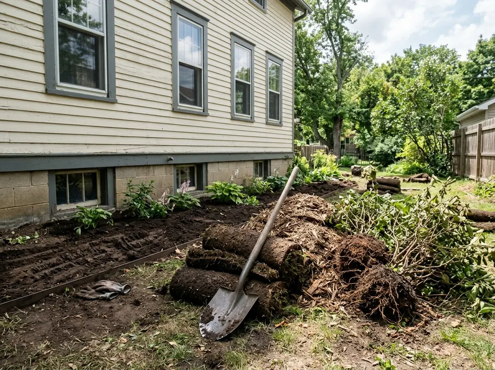 Pile of rolled-up old sod strips and dark mulch beside a freshly dug garden bed