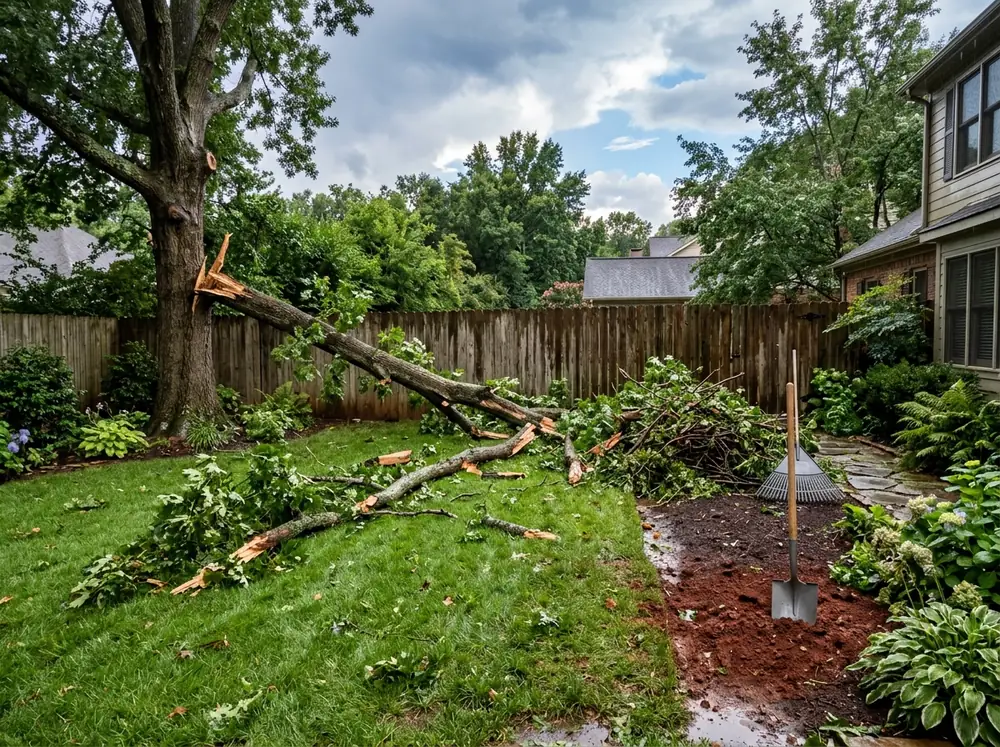 Fenced backyard after a storm, with a large fallen oak limb broken into pieces across the lawn and brush piled by a wooden fence